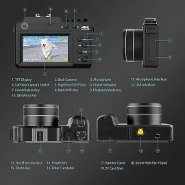 Vlogging Camera 4K 48MP Digital Camera with WiFi Free 32G TF Card & Hand Strap Auto Focus & Anti-Shake Built-in 7 Color Filters Face Detect 3'' IPS Screen 140Wide Angle 18X Digital Zoom
