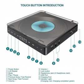 CD Player Portable Rechargeable 1800mAh Battery Touch Button CD Disc Walkman with Double Earphones Jacks & Two Headphones Memory Function Anti-Skip Protection Digital Display with AUX Cable
