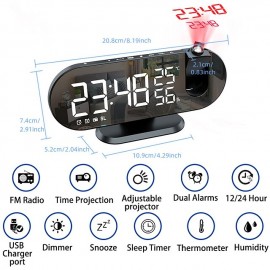 LED Projection Digital Alarm Clock for Bedrooms FM Radio Alarm Clock on Ceiling Temperature & Humidity Display 12/24H Snooze Dual Loud Alarm Clock
