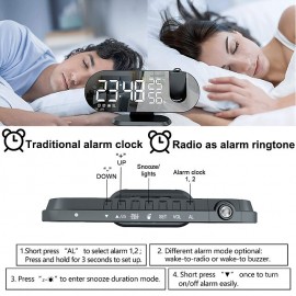 LED Projection Digital Alarm Clock for Bedrooms FM Radio Alarm Clock on Ceiling Temperature & Humidity Display 12/24H Snooze Dual Loud Alarm Clock

