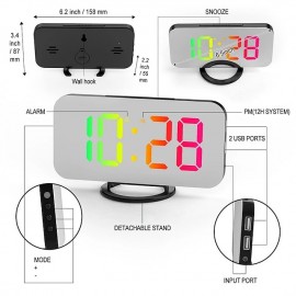 8813 Dynamic RGB Digital Alarm Clock Automatic Dimming Large HD Display Desktop Alarm Clock Dual USB Output Mirror LED Electronic Clock
