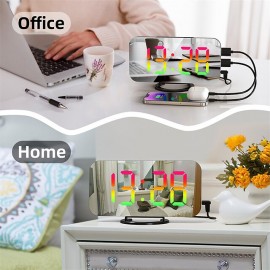 8813 Dynamic RGB Digital Alarm Clock Automatic Dimming Large HD Display Desktop Alarm Clock Dual USB Output Mirror LED Electronic Clock
