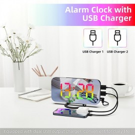 8813 Dynamic RGB Digital Alarm Clock Automatic Dimming Large HD Display Desktop Alarm Clock Dual USB Output Mirror LED Electronic Clock
