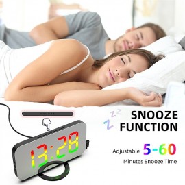 8813 Dynamic RGB Digital Alarm Clock Automatic Dimming Large HD Display Desktop Alarm Clock Dual USB Output Mirror LED Electronic Clock
